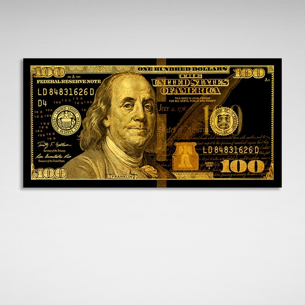 Картина на холсті 100 доларів чорний та жовтий, 30х60 см, Холст поліестеровий