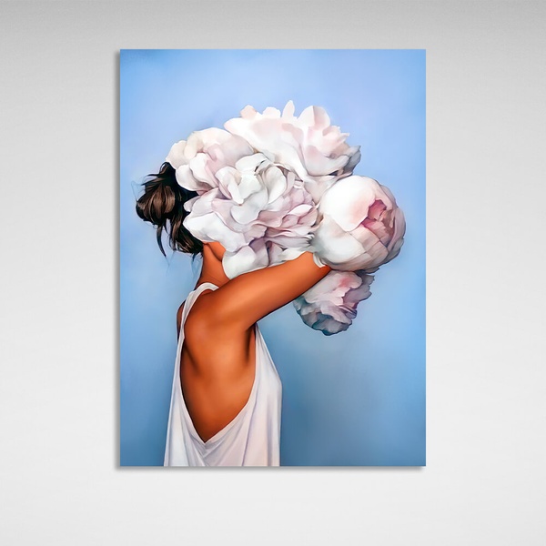 Картина на холсте интерьерная Девушка с белыми цветами на голове голубая, 30х40 см, Холст полиэстеровый