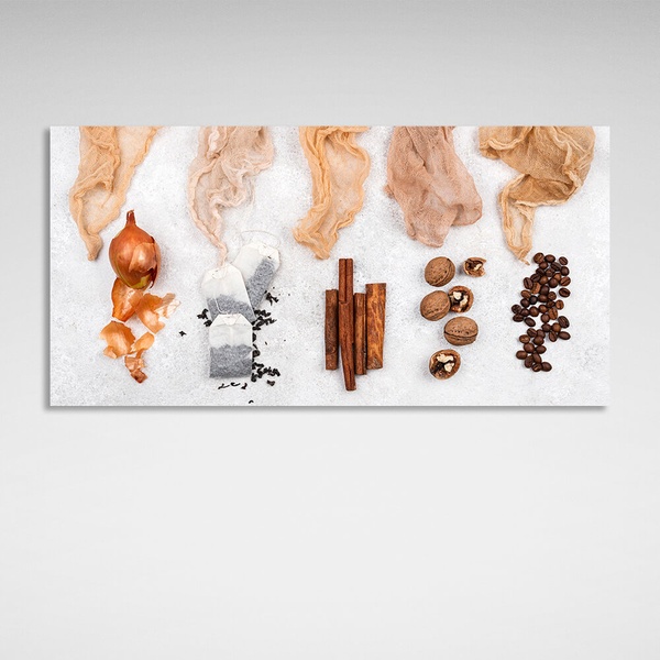Картина на полотні для кухні цибулина, чай, кава, кориця та горіхи, 30х60 см, Холст поліестеровий