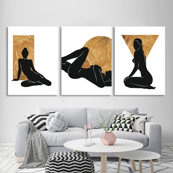 Картина на полотні модульна фігури жінок на біло-золотому тлі, 3 частини по 30х40 см, Холст поліестеровий