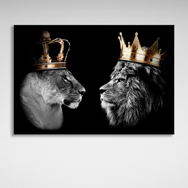 Картина на полотні король лев і королева левиця на чорному тлі, 30х40 см, Холст поліестеровий