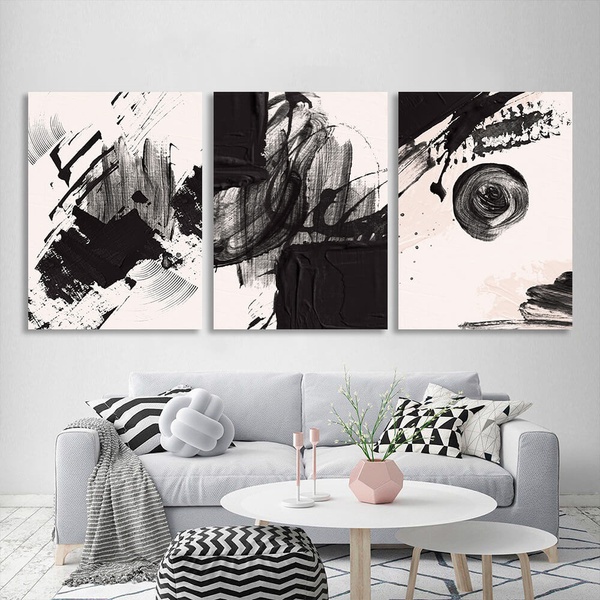 Картина на полотні модульна чорно-біла чорно-біла абстракція, 3 частини по 30х40 см, Холст поліестеровий