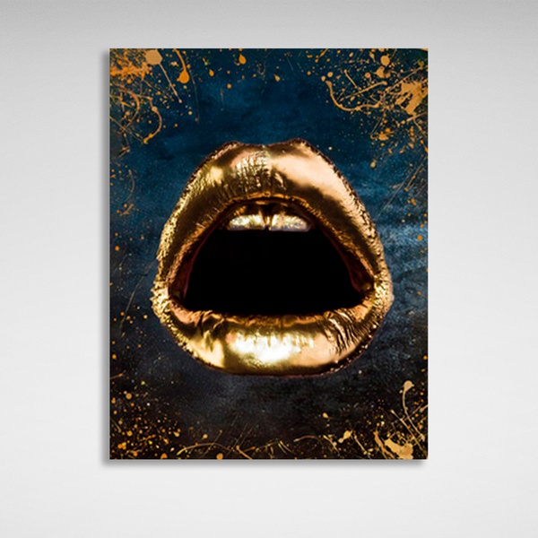 Картина на полотні золоті губи і зуби на синьому тлі з золотими плямами, 30х40 см, Холст поліестеровий