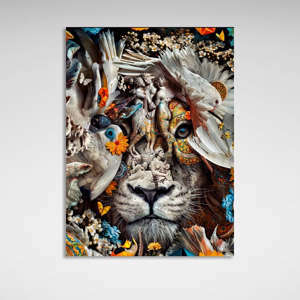 Картина на холсті інтер'єрна Білий лев, птиці та риби, 30х40 см, Холст поліестеровий